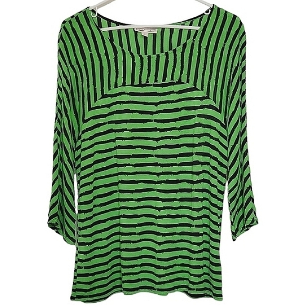 1019 * Dana Buchman Striped 3/4 Sleeve Slinky Top Green Black Size L